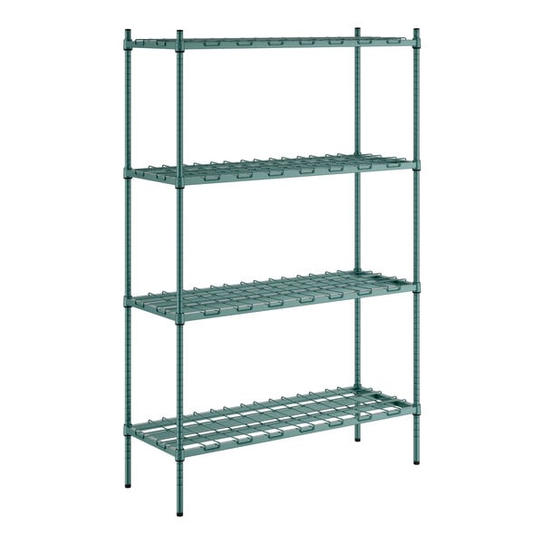 A green metal Regency dunnage shelving unit with four shelves.