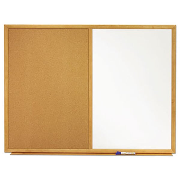 A Quartet dual bulletin and whiteboard with a wooden frame.