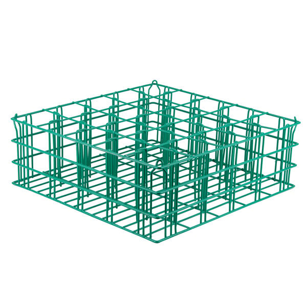 A green wire basket with 25 compartments for glassware.