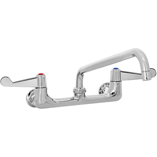 A silver Equip by T&S wall mounted faucet with wrist handles.