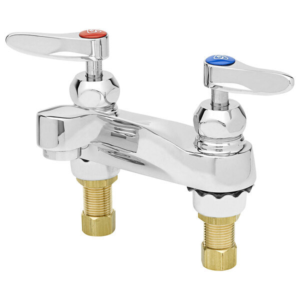 A T&S deck mounted lavatory faucet with two lever handles.