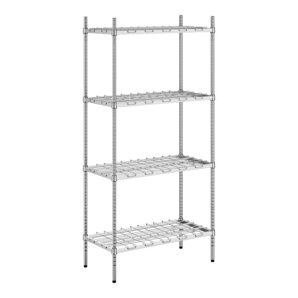 A Regency chrome metal shelving unit with four shelves.