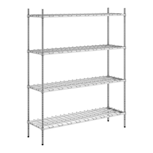 A Regency chrome metal dunnage shelving unit with four shelves.