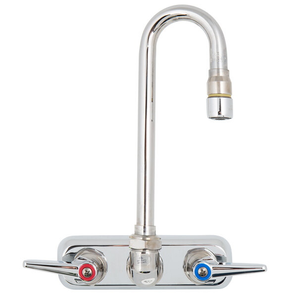 A chrome T&S wall mount faucet with two lever handles and a gooseneck spout.