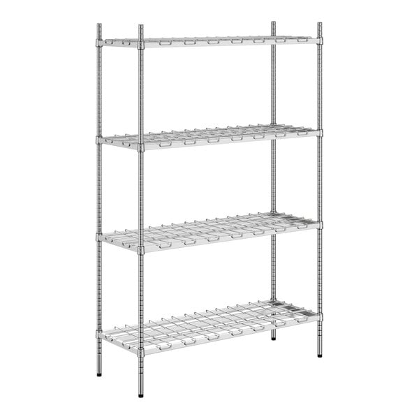 A Regency chrome metal shelving unit with four wire shelves.