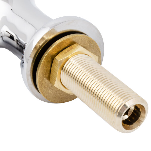 A chrome deck-mounted T&S faucet with a lever handle and long metal spout.