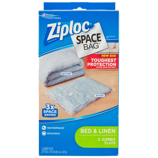 A box of 2 Ziploc Space Bag jumbo flat compression bags.