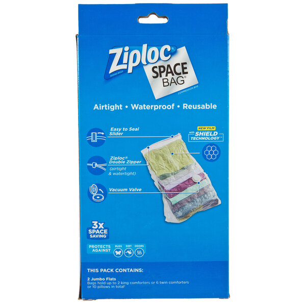 A blue Ziploc Space Bag box with text on it.