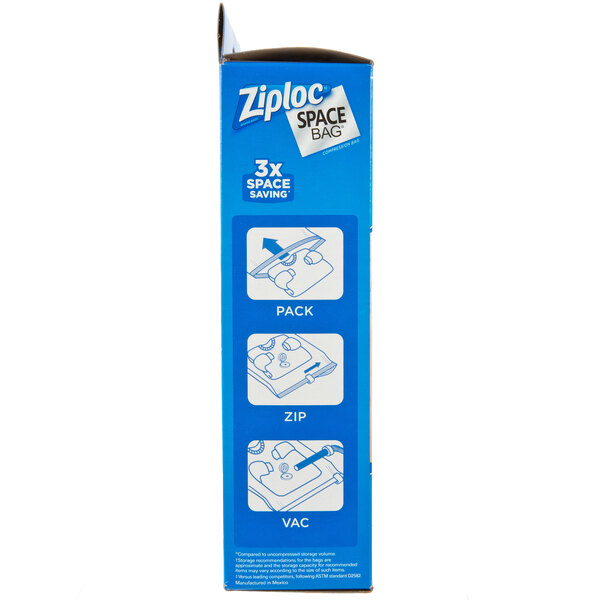A blue box with white text containing 2 Ziploc Space Bag jumbo flat compression bags.