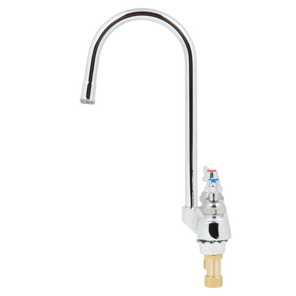 A chrome T&S deck-mounted faucet with cerama cartridges and lever handles.