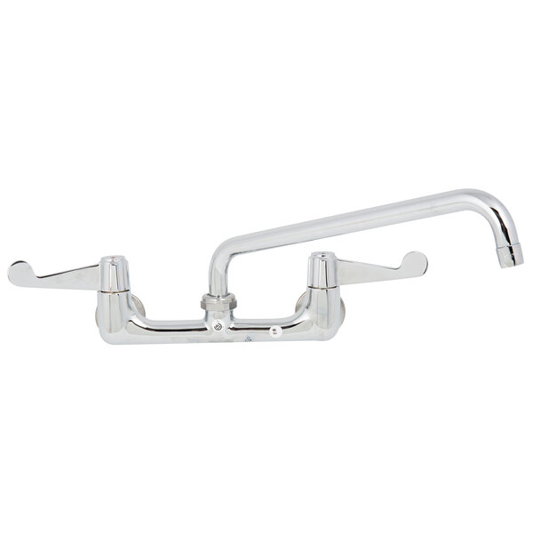 A white Equip by T&S wall mount faucet with wrist handles and a swing spout.