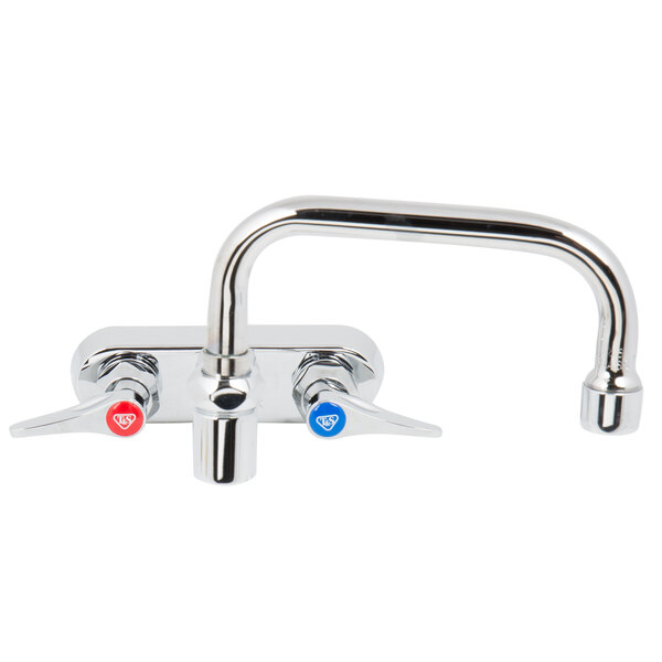A T&S chrome wall mount faucet with double-jointed swing spout and lever handles.