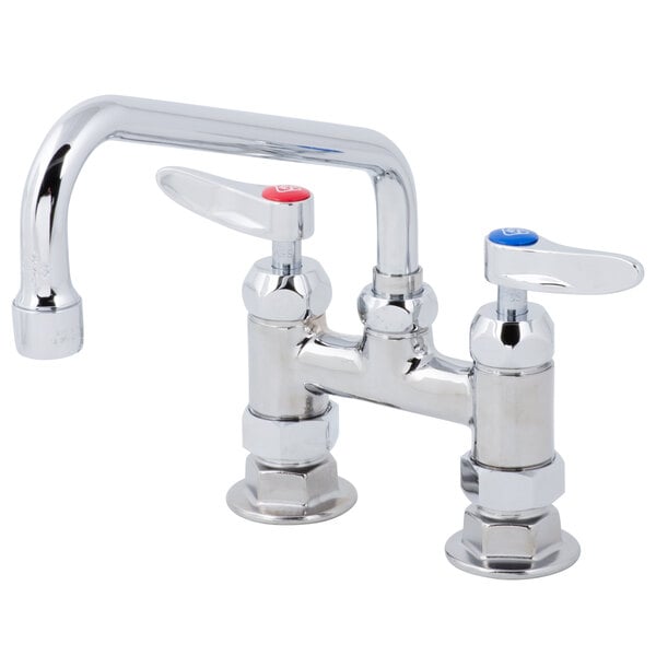 A T&amp;S chrome deck-mounted faucet with two lever handles.