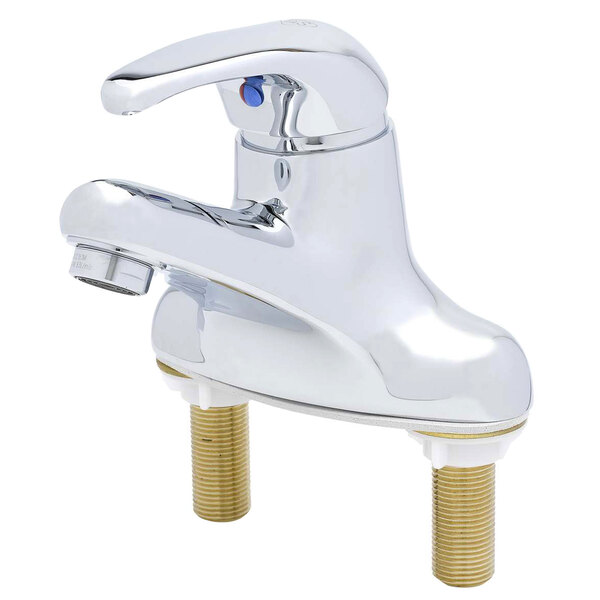A silver T&S single lever faucet with gold accents.