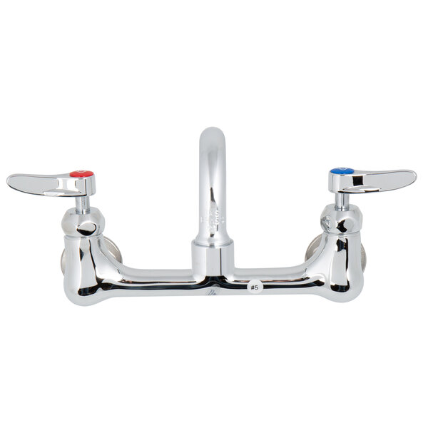 A T&S chrome wall mount faucet with lever handles.