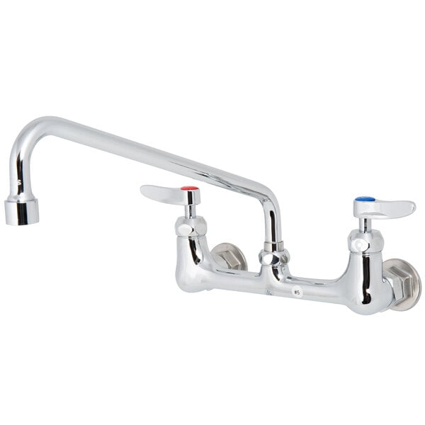 A T&S chrome wall mounted faucet with two lever handles.
