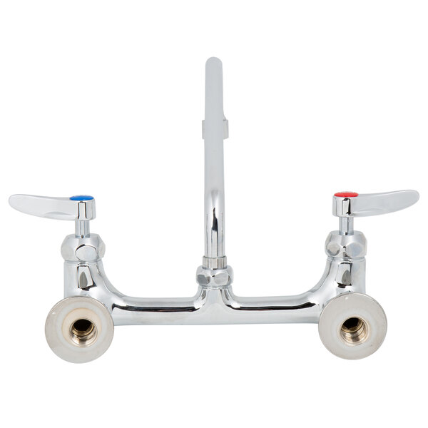 A T&S chrome wall mount faucet with two lever handles.