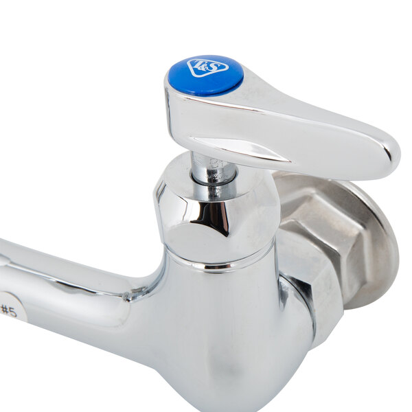 A chrome T&S wall mount faucet with lever handles.