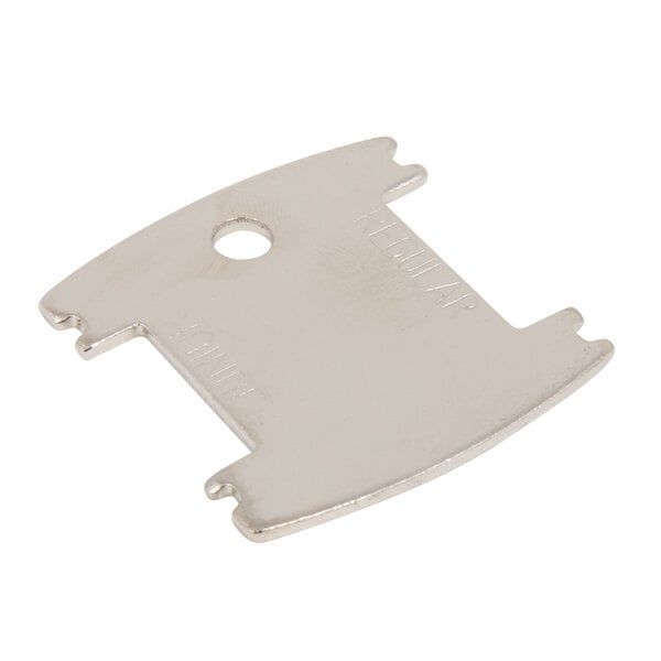 A silver metal wall plate with a hole for a T&S wall mount faucet.