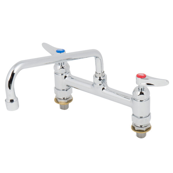 A T&S chrome deck-mounted faucet with lever handles.
