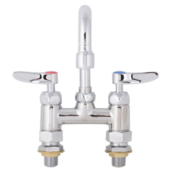 A T&S chrome deck-mounted faucet with lever handles.