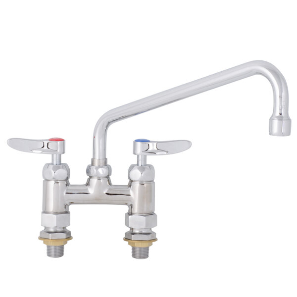 A T&S chrome deck-mounted faucet with lever handles.