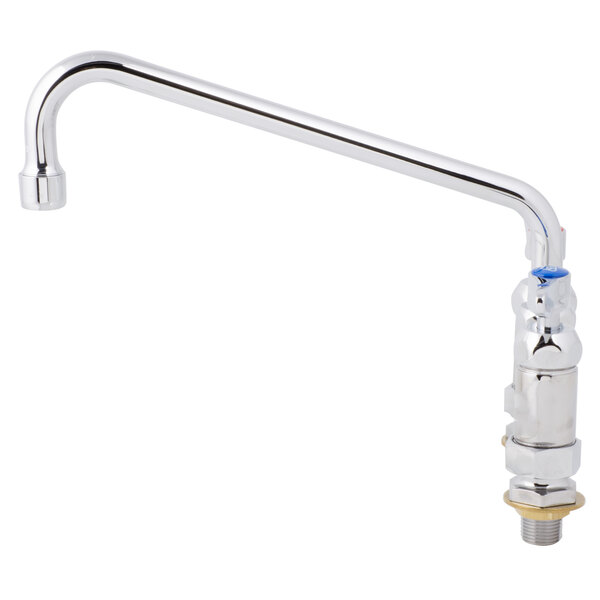 A silver T&S deck-mounted faucet with lever handles and a swing pipe.