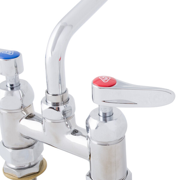 A T&S chrome deck-mounted faucet with two lever handles.