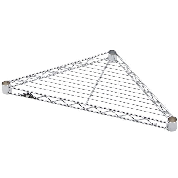 A chrome Metro Super Erecta triangle shelf with wire racks on it.