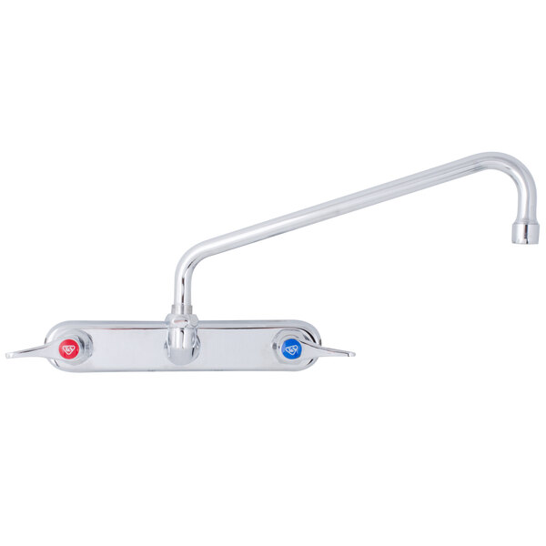 A chrome T&S wall mount faucet with two lever handles.