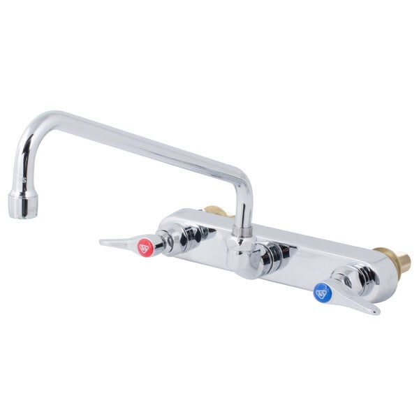 A T&S chrome wall mount faucet with two lever handles, one red and one blue.