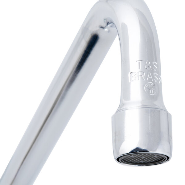 A chrome T&S wall mounted workboard faucet with lever handles and a 12" swing spout.