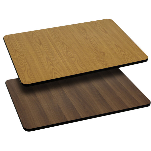 A Flash Furniture rectangular table top with natural and walnut wood grain on a blank background.