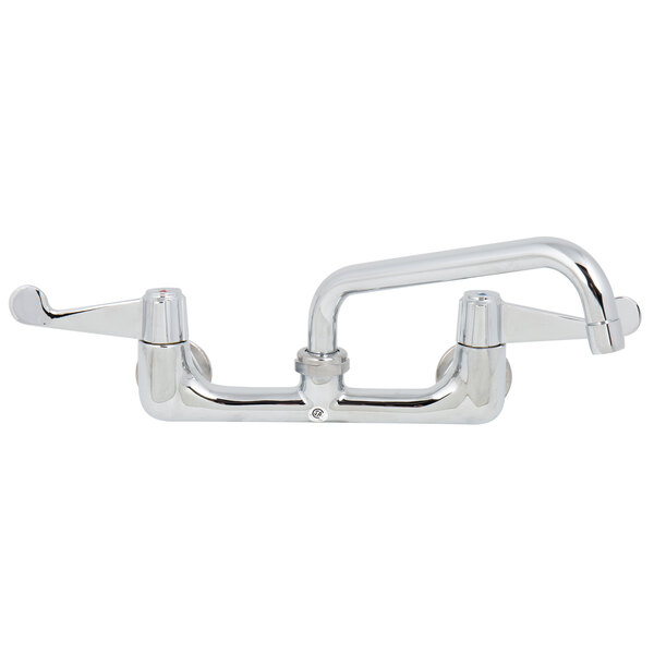 A chrome Equip by T&S wall mount faucet with wrist handles and a swing spout.