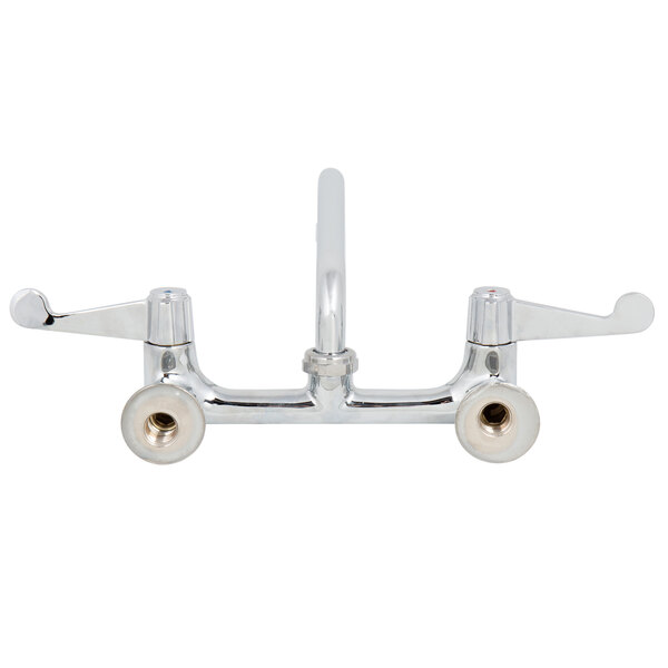 A chrome Equip by T&S wall mount faucet with wrist handles and an 8" swing spout.