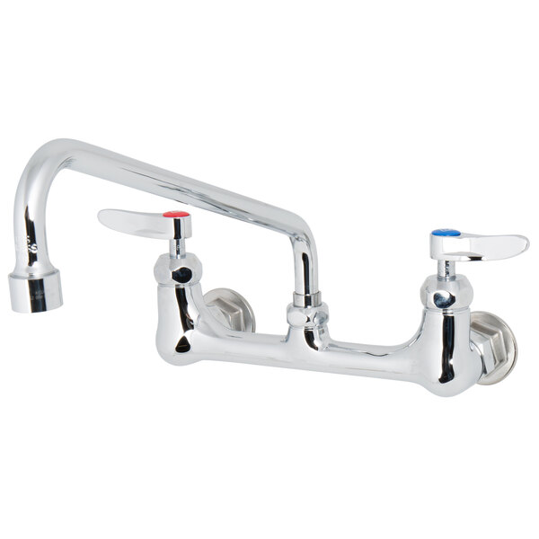 A T&S chrome wall mount faucet with two lever handles.