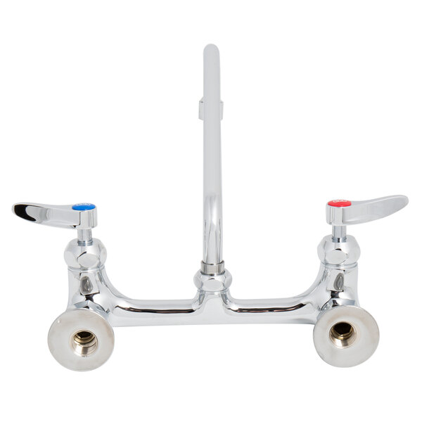 A T&S chrome wall mount faucet with two lever handles.