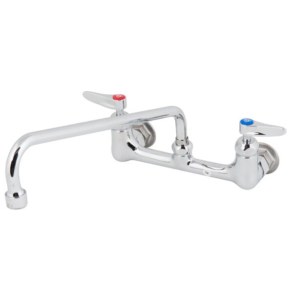 A T&S chrome wall mount faucet with two lever handles.