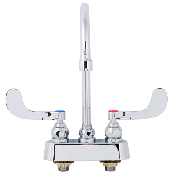 A T&S deck mounted workboard faucet with gooseneck spout and wrist handles.