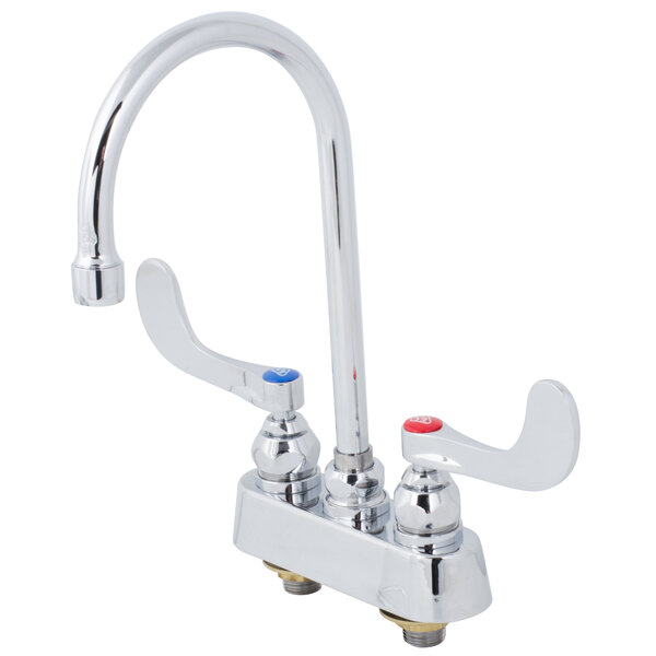 A T&S deck-mounted workboard faucet with gooseneck spout and wrist handles.