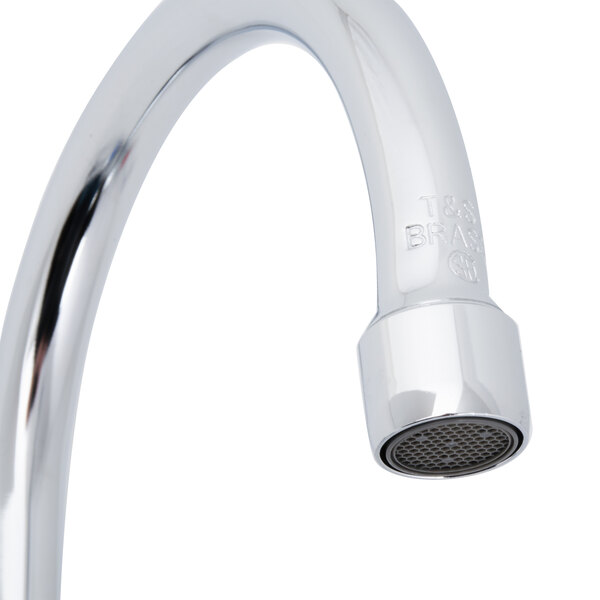 A T&S deck mounted workboard faucet with wrist handles and a gooseneck spout on a white background.