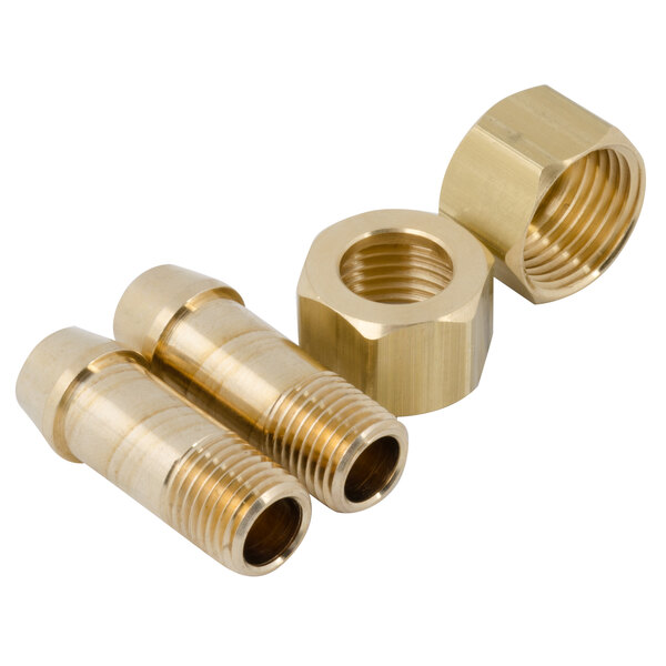 A close-up of brass threaded pipe fittings on a white background.