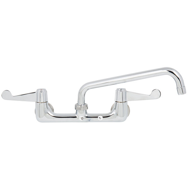 A chrome Equip by T&S wall mount faucet with wrist handles and a swing spout.