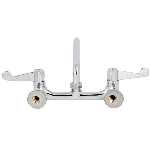 A chrome Equip by T&S wall mount faucet with wrist handles.