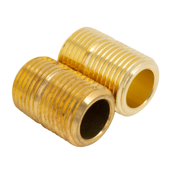 A white background with two brass threaded plugs.