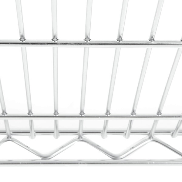 A close up of a Metro stainless steel wire shelf.