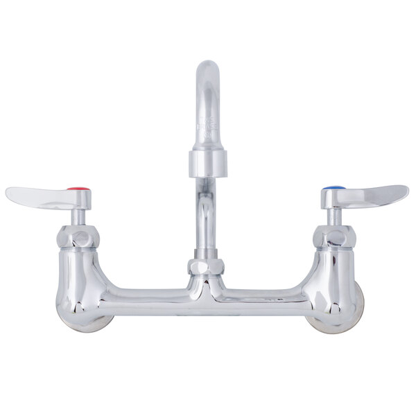 A T&S chrome wall mount faucet with two lever handles.