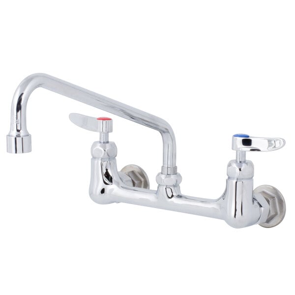 A T&S chrome wall mount faucet with two lever handles.