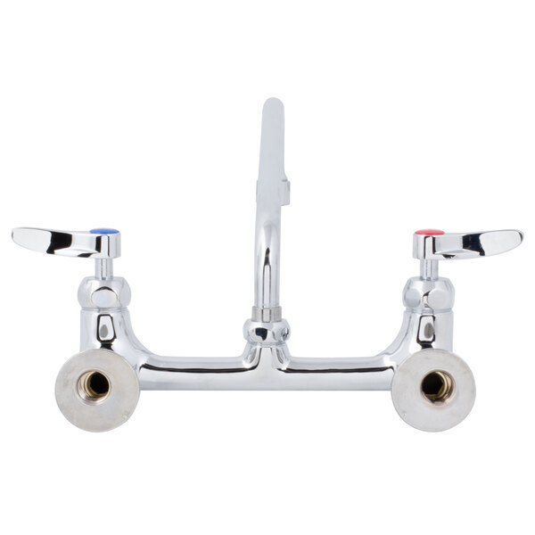 A chrome T&S wall mount faucet with lever handles.