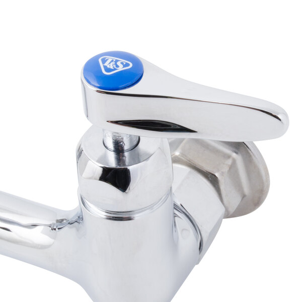 A chrome T&S wall mount faucet with lever handles.